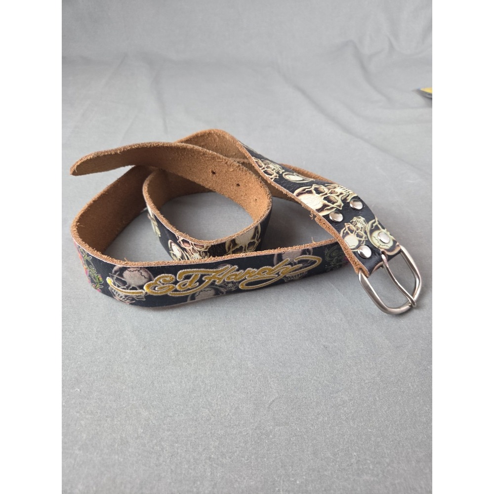 Ed Hardy Belt Size 38-44 Black Skull Graphic Leather Yellow Embroider Y2K